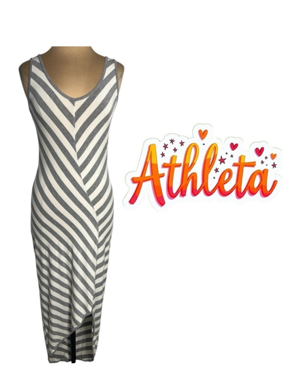 Athleta gray white striped CROSS-SHORE MAXI DRESS Fitted Tank Dress Size M